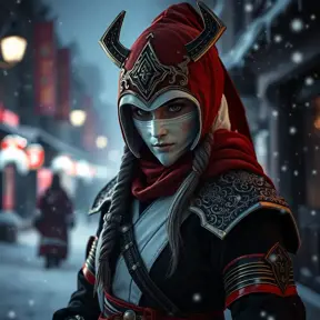 Mysterious beautiful white kunoichi ninja wearing black, red and gold in the streets of a dark snowy town in russia, Intricate Details, Bokeh effect, Photo Realistic, Volumetric Lighting