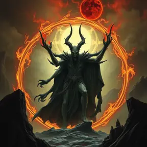 Satan in an Elden ring hell, Eldritch, Fantasy, Apocalyptic, Doom, Dreadful, Forbidding, Frightful, Harrowing, Ominous, Shocking, Terrifying, Threatening, Unnerving