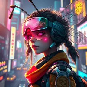 A Cyberpunk half bee and half Human girl with vizor, Cybernatic and Sci-Fi, Cityscape, Bloom light effect, Colorful, Ecstatic, Exciting, Joyful by Stefan Kostic