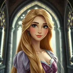 Matte portrait of Disney's Rapunzel inside a castle, Ultra Detailed, Half Body, Beautiful, Matte Painting, Sharp Focus, Portrait, Fantasy
