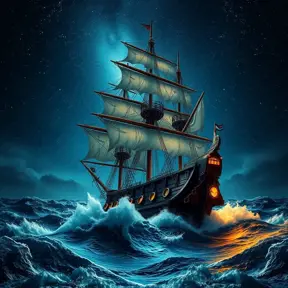Close up of a Pirate Ship in rough seas on a dark starry night, Intricate, Ultra Detailed, Symmetry, Beautiful, Sharp Focus, Astrophotography, Centered, Volumetric Lighting by Stanley Artgerm Lau