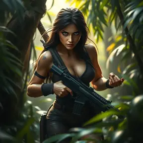Full body portrait of a beautiful armed Lara Croft emerging from the jungle, Highly Detailed, Intricate, Sharp Focus, Volumetric Lighting, Fantasy, Elegant, Threatening by Stefan Kostic