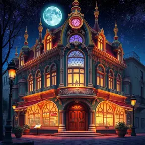 art nuveau exterior fantasy colorful building office space futuristic rococco baroques victorian, Highly Detailed, Masterpiece, Vintage Illustration, Cinematic Lighting, Photo Realistic, Digital Art by Studio Ghibli