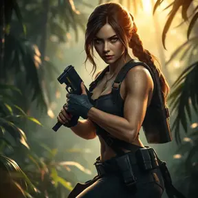 Full body portrait of a beautiful armed Lara Croft emerging from the jungle, Highly Detailed, Intricate, Sharp Focus, Volumetric Lighting, Fantasy, Elegant, Threatening by WLOP