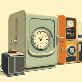 A Time Machine designed by Dieter Rams. stunning industrial design. Natural colors, mid century modern design, Highly Detailed, Vintage Illustration, Retro-Futurism, Sharp Focus, Smooth, Vector Art by Stanley Artgerm Lau