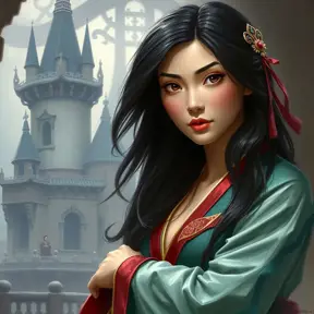 Matte portrait of Mulan inside a castle, Ultra Detailed, Half Body, Beautiful, Matte Painting, Sharp Focus, Portrait, Fantasy by Stanley Artgerm Lau