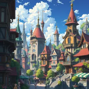 Buildings and homes of a maximalism fantasy city, Highly Detailed, Beautiful, Digital Painting, Anime, Fantasy by Studio Ghibli