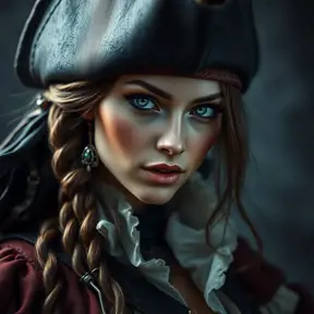 Alluring matte portrait of a beautiful female Pirate, Highly Detailed, Intricate, Half Body, Realistic, Sharp Focus, Volumetric Lighting, Fantasy, Elegant