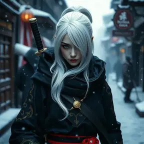 Mysterious beautiful white kunoichi ninja wearing black, red and gold in the streets of a dark snowy town in russia, Intricate Details, White Hair, Photo Realistic