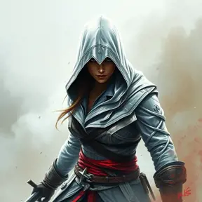 White hooded Assassin's Creed female assassin emerging from the fog of battle, Highly Detailed, Vibrant Colors, Ink Art, Fantasy, Dark by Stanley Artgerm Lau