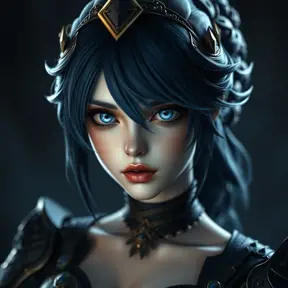 Matte portrait of the beautiful 2B from Nier Automata in dark blue, Highly Detailed, Intricate, Realistic, Sharp Focus, Volumetric Lighting, Fantasy, Elegant