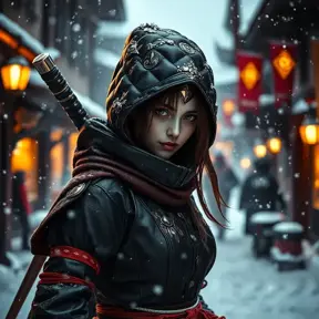 Mysterious beautiful white kunoichi ninja wearing black, red and gold in the streets of a dark snowy town in russia, Intricate Details, Bokeh effect, Photo Realistic, Volumetric Lighting by Greg Rutkowski