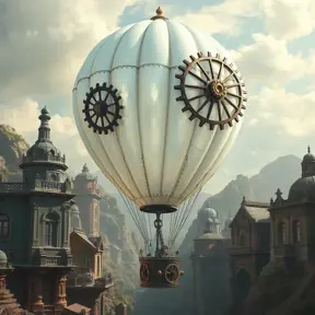 White steampunk hot air balloon with gears, Victorian style Ancient buildings, archeological ruins of lost civilizations and technology, Steampunk, Iridescence by Stanley Artgerm Lau