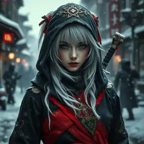 Mysterious beautiful white kunoichi ninja wearing black, red and gold in the streets of a dark snowy town in russia, Intricate Details, White Hair, Photo Realistic by Stefan Kostic