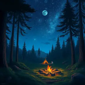 matte painting of a camp fire in the forest at night, Highly Detailed, Beautiful, Digital Painting, Anime, Fantasy by Studio Ghibli