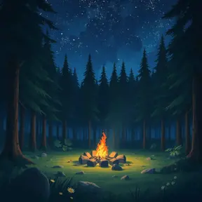 matte painting of a camp fire in the forest at night, Highly Detailed, Beautiful, Digital Painting, Anime, Fantasy by Studio Ghibli