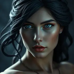Matte portrait of the beautiful Artemis in dark blue, Highly Detailed, Intricate, Realistic, Sharp Focus, Volumetric Lighting, Fantasy, Elegant by Stanley Artgerm Lau