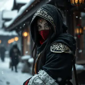 Mysterious beautiful white kunoichi ninja wearing black, red and gold in the streets of a dark snowy town in russia, Intricate Details, Bokeh effect, Photo Realistic, Volumetric Lighting by Stefan Kostic
