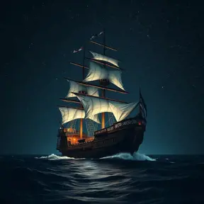 Pirate Ship in high seas on a dark starry night, Intricate, Ultra Detailed, Symmetry, Beautiful, Sharp Focus, Astrophotography, Centered, Volumetric Lighting