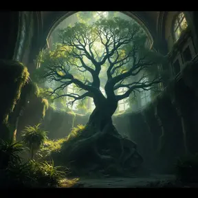 A Tree Of Life growing in the middle of overgrown ancient ruins indoors., 4k resolution, Hyper Detailed, Trending on Artstation, Volumetric Lighting, Concept Art, Digital Art, Fantasy, Dark by Greg Rutkowski