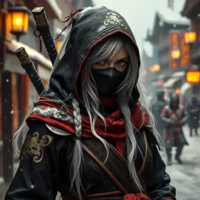 Mysterious beautiful white kunoichi ninja wearing black, red and gold in the streets of a dark snowy town in russia, Intricate Details, White Hair, Photo Realistic by Greg Rutkowski