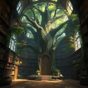 A beautiful giant tree growing in the middle of an ancient victorian library indoors. a door is embedded in the tree, 4k resolution, Hyper Detailed, Pixiv, Trending on Artstation, Vintage Illustration, Hearthstone, Unreal Engine, Volumetric Lighting, Concept Art, Digital Art, Fantasy by Stanley Artgerm Lau, Angela Barrett, WLOP