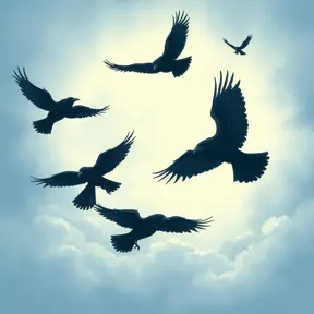 An illustration of a print of a Edgar Allan Poe, flying ravens, vintage t-shirt design, light white and dark blue pastel tetradic colors, Highly Detailed, Beautiful, Digital Painting, Anime, Fantasy by Studio Ghibli