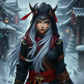 Mysterious beautiful white kunoichi ninja wearing black, red and gold in the streets of a dark snowy town in russia, 8k, Intricate Details, Trending on Artstation, White Hair by Stanley Artgerm Lau