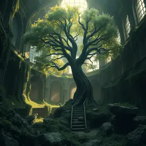 A Tree Of Life growing in the middle of overgrown ancient ruins indoors., 4k resolution, Hyper Detailed, Trending on Artstation, Volumetric Lighting, Concept Art, Digital Art, Fantasy, Dark by Greg Rutkowski