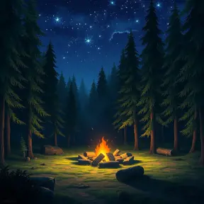 matte painting of a camp fire in the forest at night, Highly Detailed, Beautiful, Digital Painting, Anime, Fantasy by Studio Ghibli