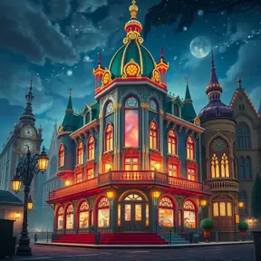 art nuveau exterior fantasy colorful building office space futuristic rococco baroques victorian, Highly Detailed, Masterpiece, Vintage Illustration, Cinematic Lighting, Photo Realistic, Digital Art by Studio Ghibli