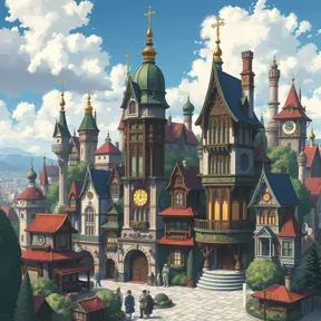 Buildings and homes of a maximalism fantasy city, Highly Detailed, Beautiful, Digital Painting, Anime, Fantasy by Studio Ghibli