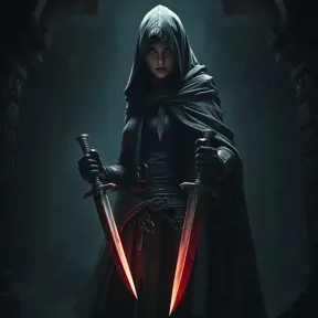 Full body matte portrait of a veiled female Assassin with daggers in a dungeon, Gothic and Fantasy, Volumetric Lighting, Fantasy, Threatening by Stanley Artgerm Lau