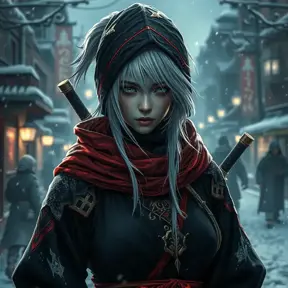 Mysterious beautiful white kunoichi ninja wearing black, red and gold in the streets of a dark snowy town in russia, 8k, Intricate Details, Trending on Artstation, White Hair by Greg Rutkowski