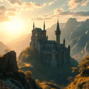 A beautiful medieval castle ruins in the mountains, forgotten valley, wide shot, horizon, sunrays, 4k resolution, Atmospheric, Hyper Detailed, Trending on Artstation, Sunny Day, Golden Hour, Volumetric Lighting, Concept Art, Digital Art, Fantasy by Shinji Aramaki, Posuka Demizu