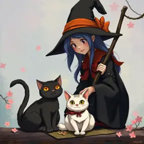 Kiki the witch and Jiji the cat, Highly Detailed, Beautiful, Digital Painting, Anime, Fantasy by Studio Ghibli