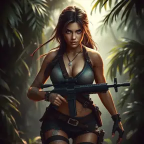 Full body portrait of a beautiful armed Lara Croft emerging from the jungle, Highly Detailed, Intricate, Sharp Focus, Volumetric Lighting, Fantasy, Elegant, Threatening by WLOP