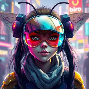 A Cyberpunk half bee and half Human girl with vizor, Cybernatic and Sci-Fi, Cityscape, Bloom light effect, Colorful, Ecstatic, Exciting, Joyful by Stefan Kostic