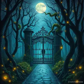 A beautiful digital illustration painting of a detailed gothic fantasy fireflies forest trees and iron gate cobblestone pathway vines full moon, Artstation, Digital Illustration, Concept Art