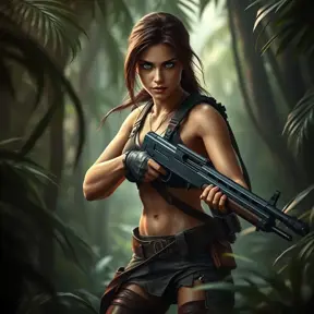 Full body portrait of a beautiful armed Lara Croft emerging from the jungle, Highly Detailed, Intricate, Sharp Focus, Volumetric Lighting, Fantasy, Elegant, Threatening by Stefan Kostic