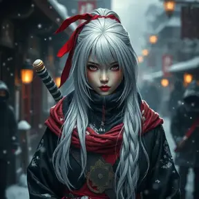 Mysterious beautiful white kunoichi ninja wearing black, red and gold in the streets of a dark snowy town in russia, 8k, Intricate Details, Trending on Artstation, White Hair by Stefan Kostic