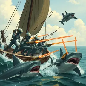 Six robots on a boat with harpoons, battling sharks with lasers strapped to their heads, Steampunk