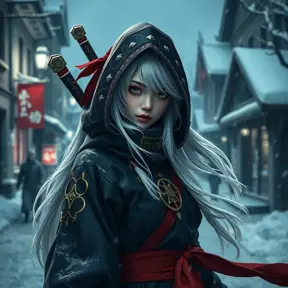 Mysterious beautiful white kunoichi ninja wearing black, red and gold in the streets of a dark snowy town in russia, 8k, Intricate Details, Trending on Artstation, White Hair by Stefan Kostic