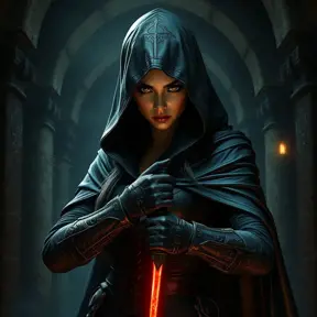 Full body matte portrait of a beautiful veiled armed female Assassin in a dungeon, Gothic and Fantasy, Volumetric Lighting, Fantasy, Threatening by Stanley Artgerm Lau