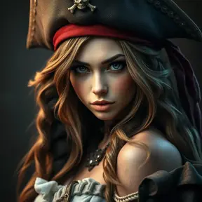 Alluring matte portrait of a beautiful female Pirate, Highly Detailed, Intricate, Half Body, Realistic, Sharp Focus, Volumetric Lighting, Fantasy, Elegant