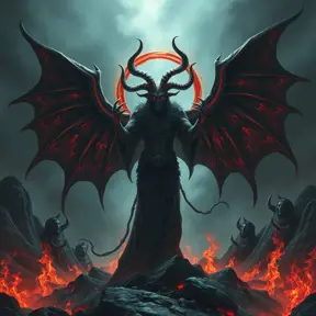 Satan in an Elden ring hell, Eldritch, Fantasy, Apocalyptic, Doom, Dreadful, Forbidding, Frightful, Harrowing, Ominous, Shocking, Terrifying, Threatening, Unnerving