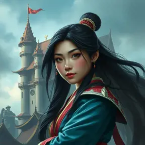 Matte portrait of Mulan inside a castle, Ultra Detailed, Half Body, Beautiful, Matte Painting, Sharp Focus, Portrait, Fantasy by Stanley Artgerm Lau