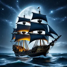 Close up of a Pirate Ship in rough seas on a dark starry night, Intricate, Ultra Detailed, Symmetry, Beautiful, Sharp Focus, Astrophotography, Centered, Volumetric Lighting by Stanley Artgerm Lau