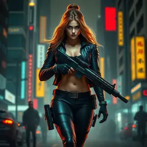 full body shot, armed beautiful woman walking with detailed eyes, dynamic pose, athletic , Cybernatic and Sci-Fi, Cyberpunk, Cityscape, Blade Runner 2049, Neon light effect, Neon, Futurism, Threatening