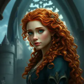 Matte portrait of Disney's Merida of DunBroch inside a castle, Ultra Detailed, Half Body, Beautiful, Matte Painting, Sharp Focus, Portrait, Fantasy by Stefan Kostic